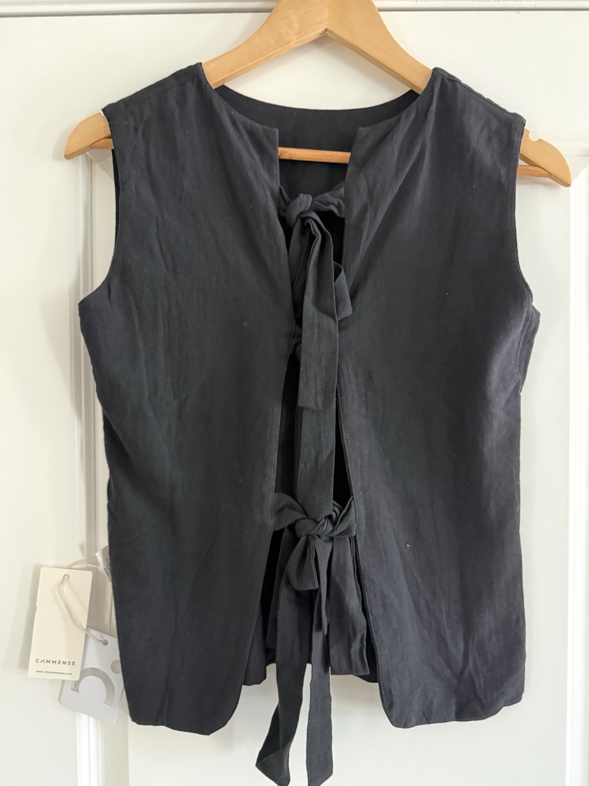 Commense Women’s Black Sleeveless Tie-Front Woven Cotton Top Size S