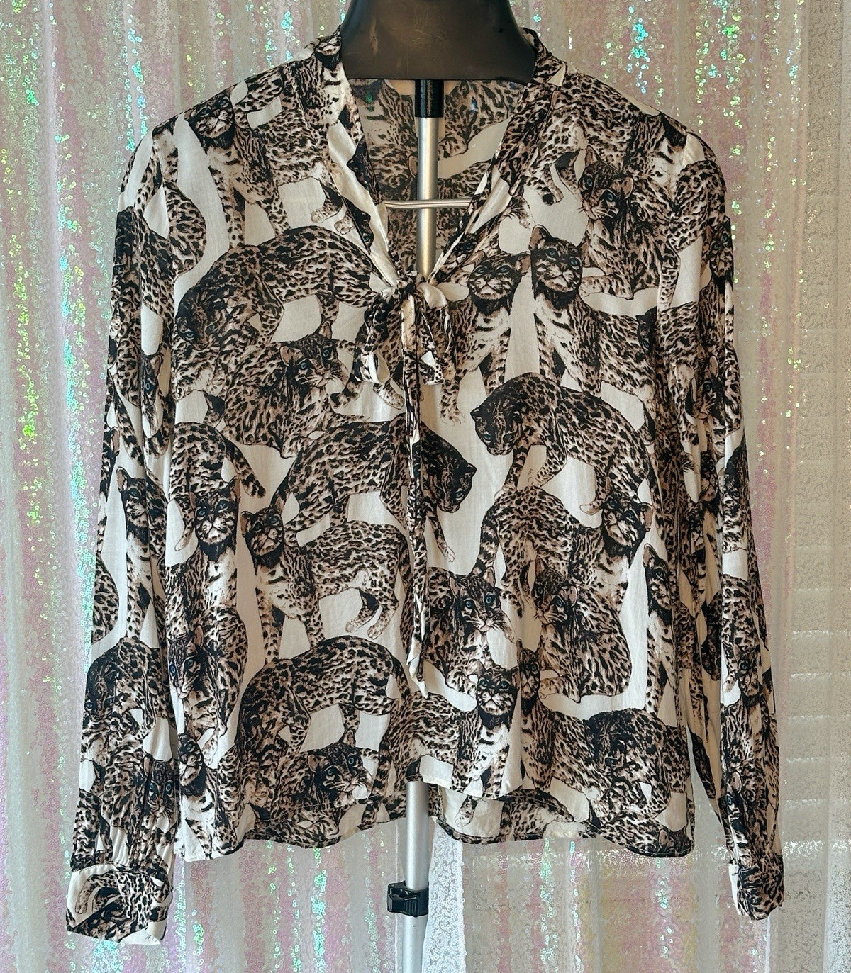 H&M Black & White Leopard Print Tie-Neck Button Down Blouse