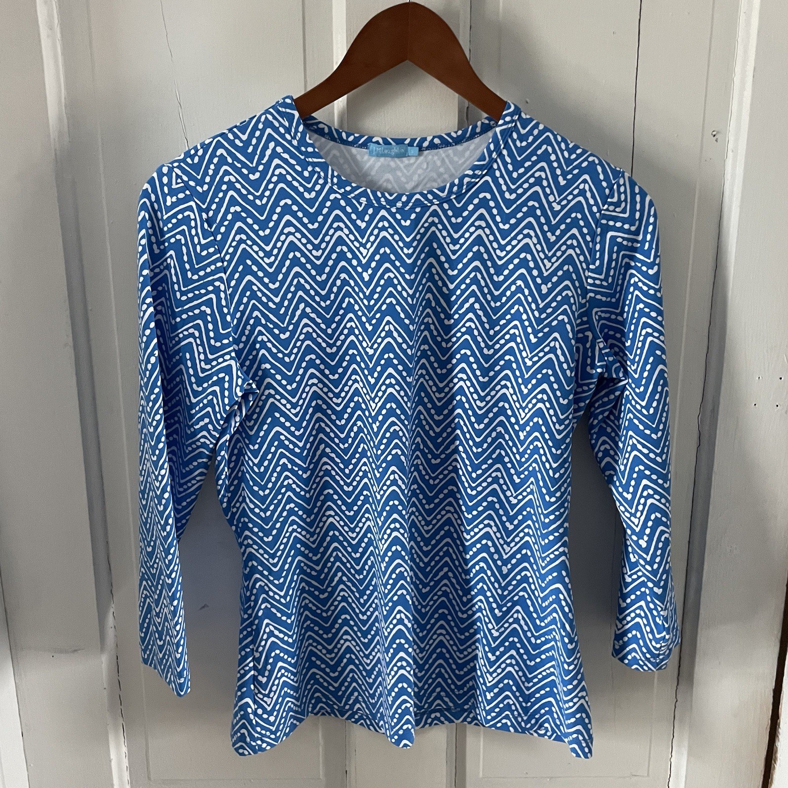 J. McLaughlin Sz S Signature Catalina Cloth Stretch Tee Top Blue Chevron Blouse