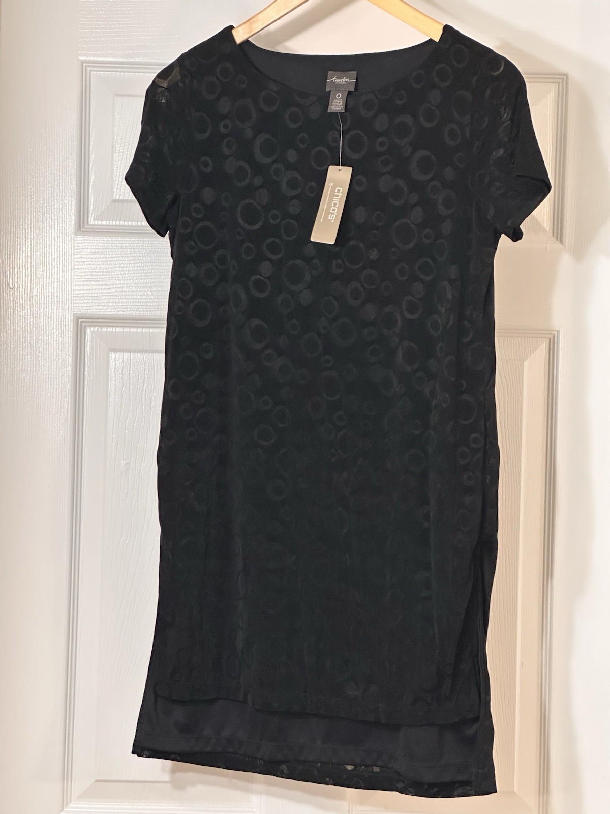 NWT Chico’s Travelers Women’s Tunic Top Sz O Slinky Patterned Black Y2K Chic
