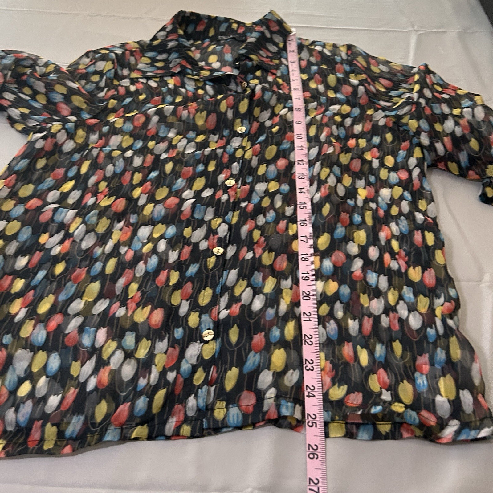 STELLA Sheer Tulip Print Button Front Blouse Black Multicolor Long Sleeve Size 4
