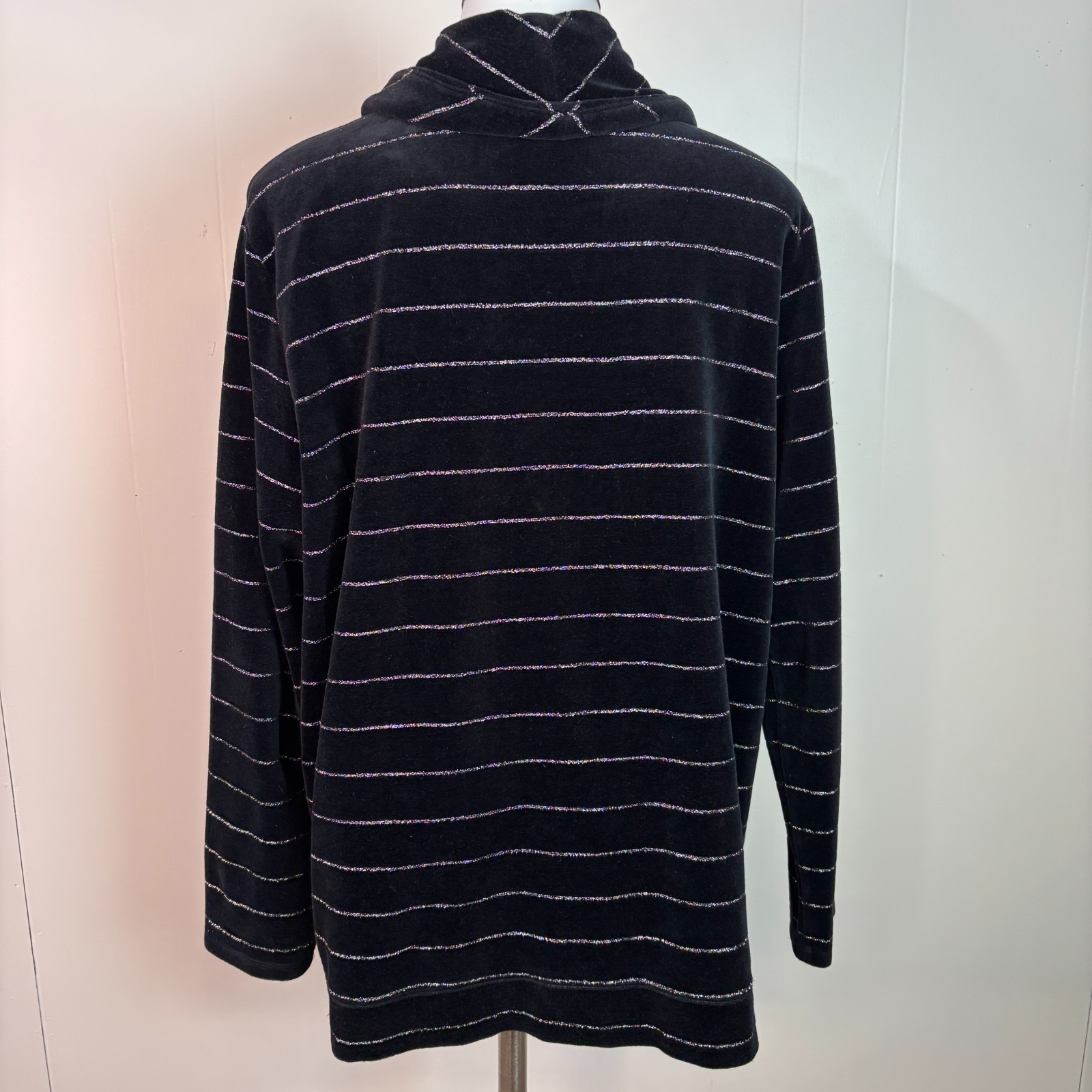 Talbots Top Large Black Velour Cowl Neck Silver Sparkle Stripe Long Sleeve Shirt