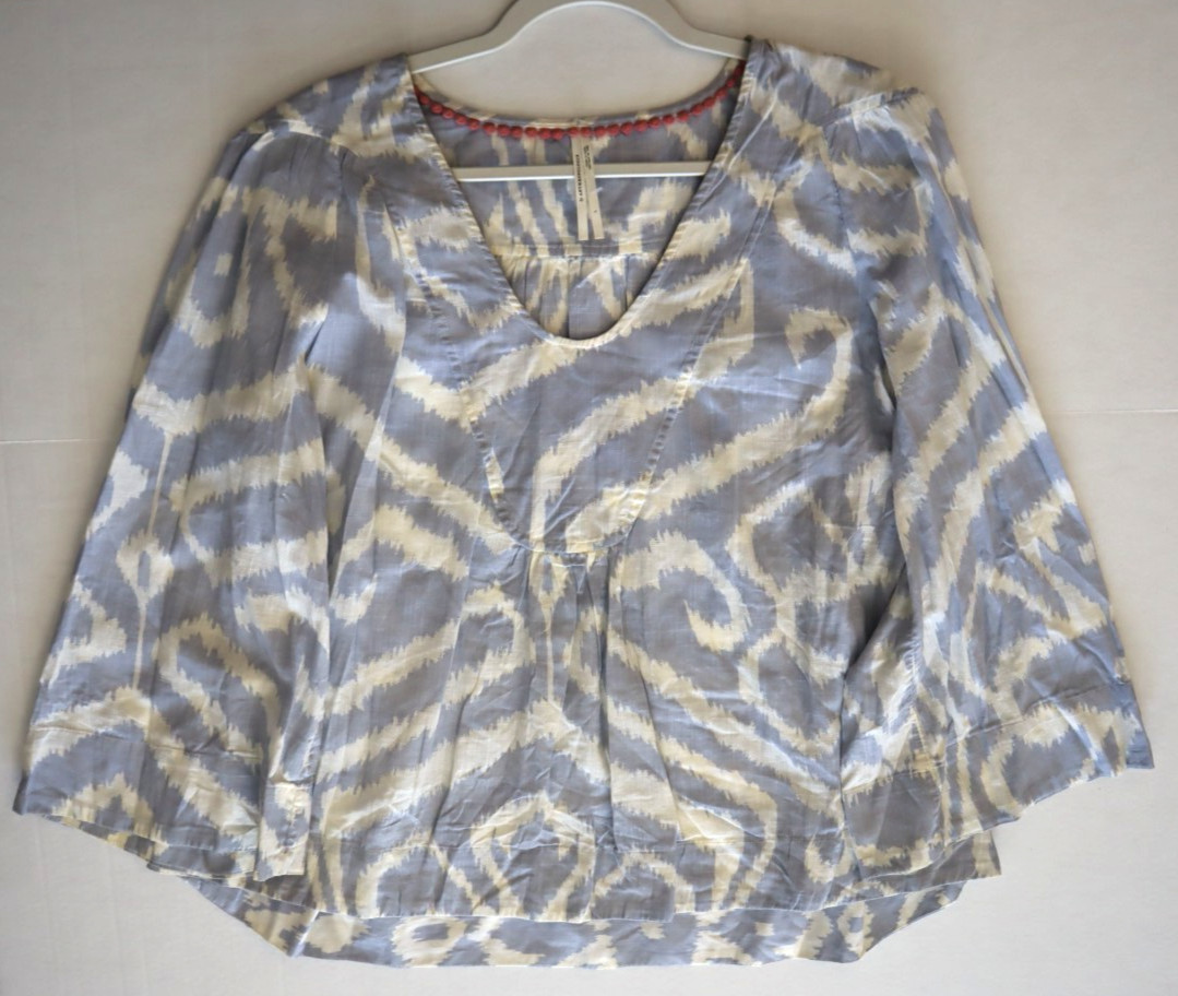 Anthropologie OB1274257 Women’s Sz L Blue/White Ikat Print Laverne Cotton Blouse