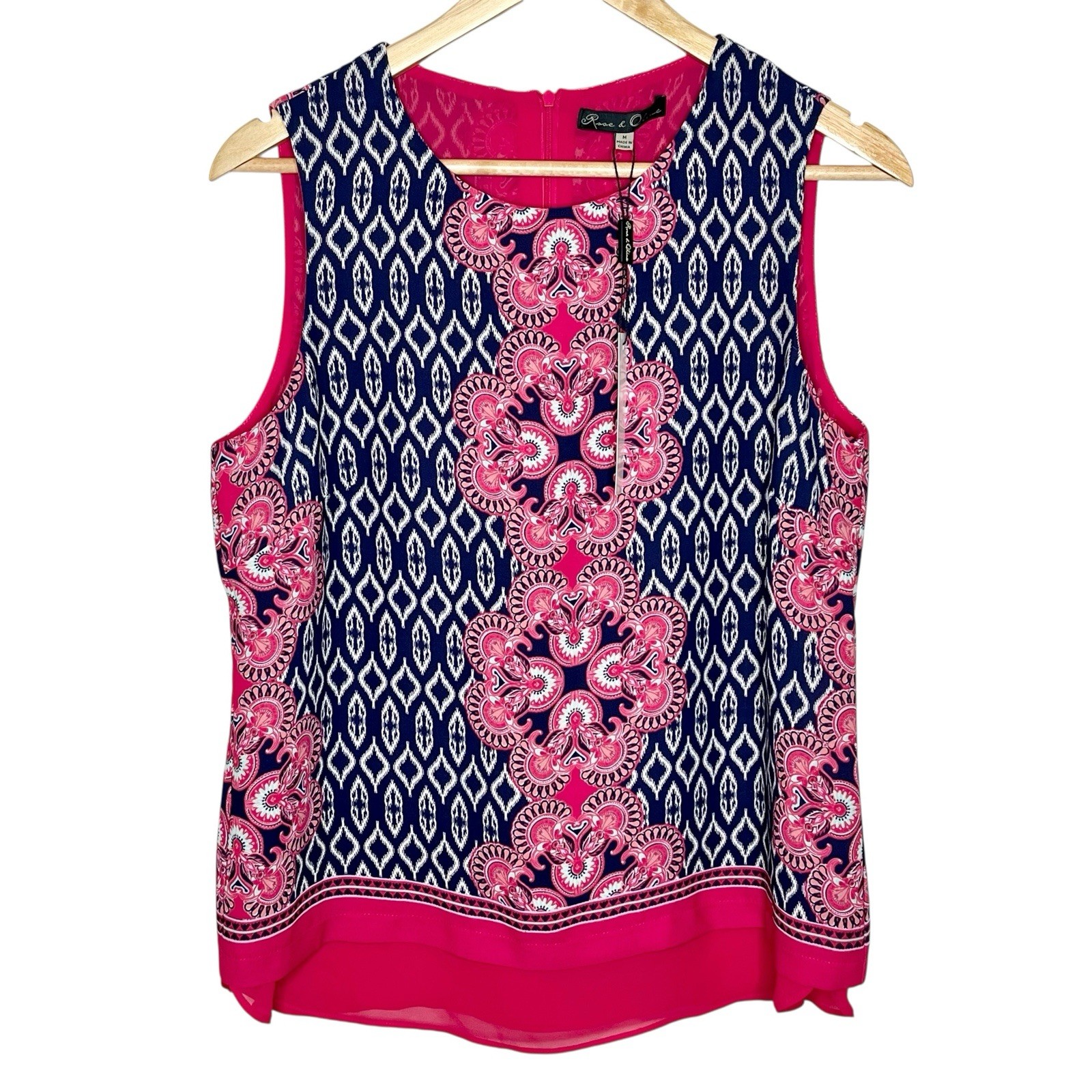 Rose and Olive Geometric Ikat Print Sleeveless Top Womens Size M Boho Colorful