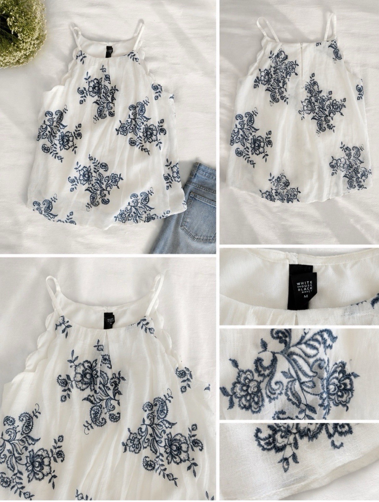 BCX White Tank Top with Blue Floral Embroidery