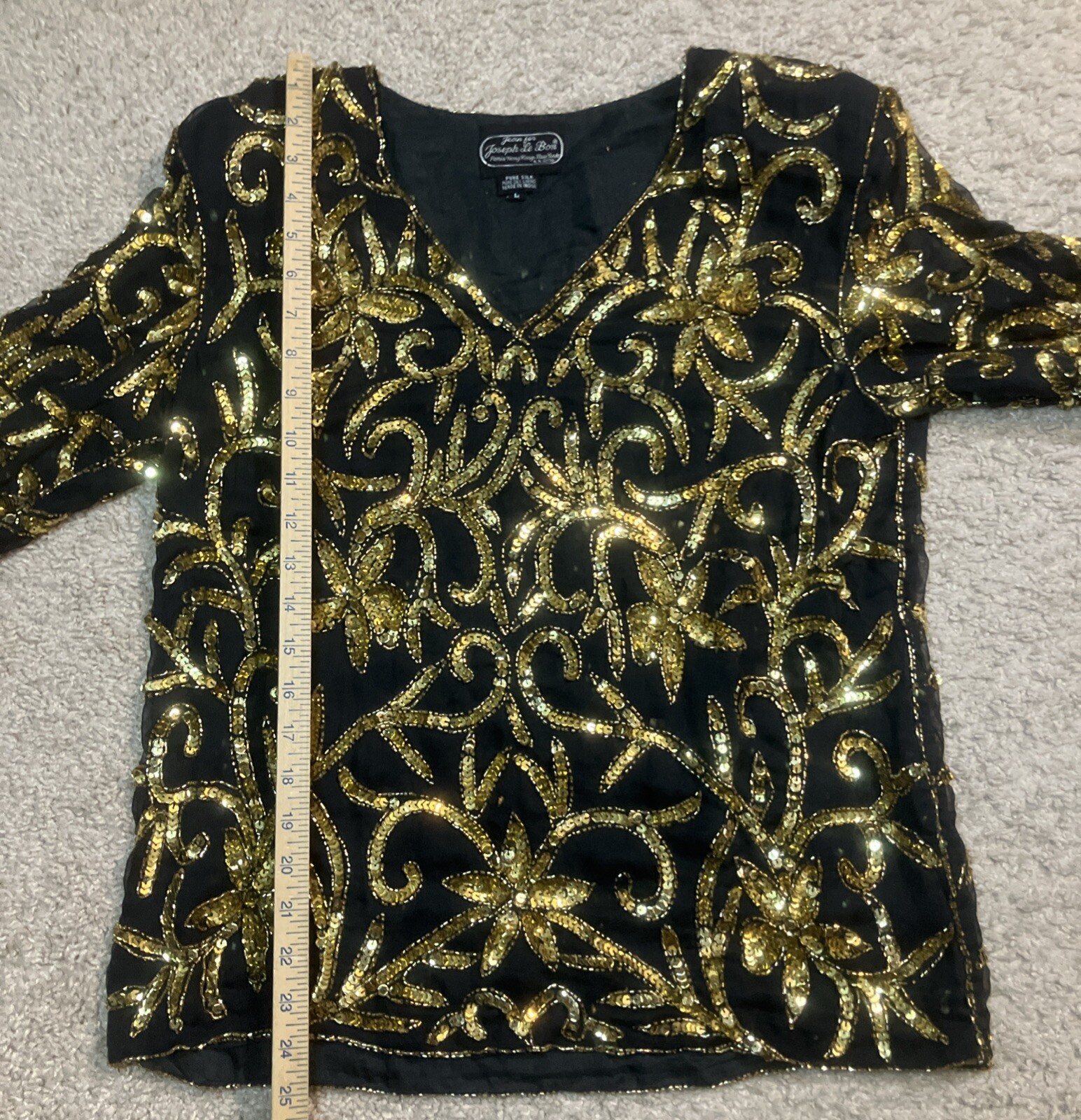 Jean for Joseph Le Bon Vintage Silk Beaded Sequin Formal Blouse Black Gold Sz L