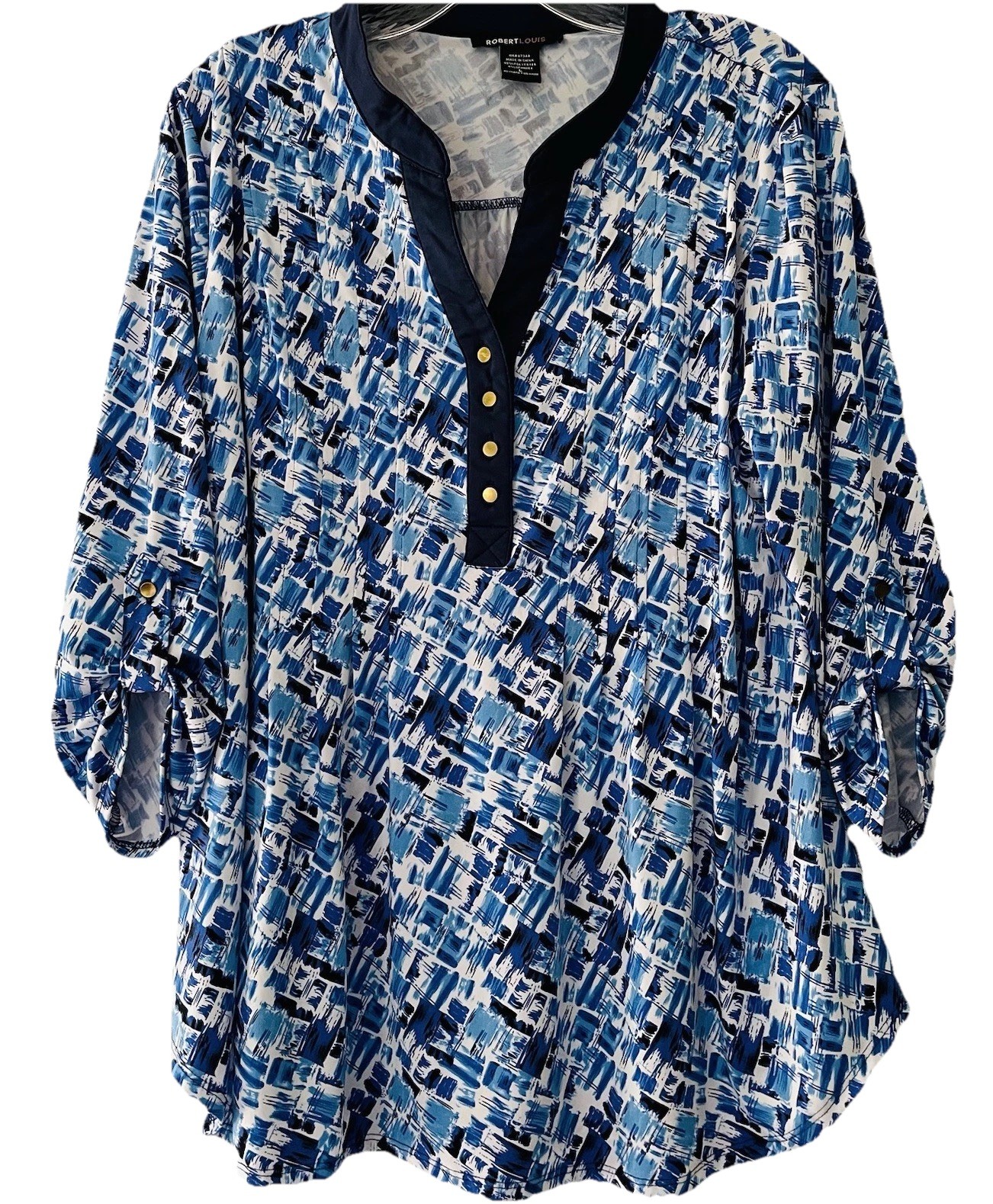 Robert Louis Women’s Size Large Blue Abstract Print Roll Tab Sleeve Top Shirt