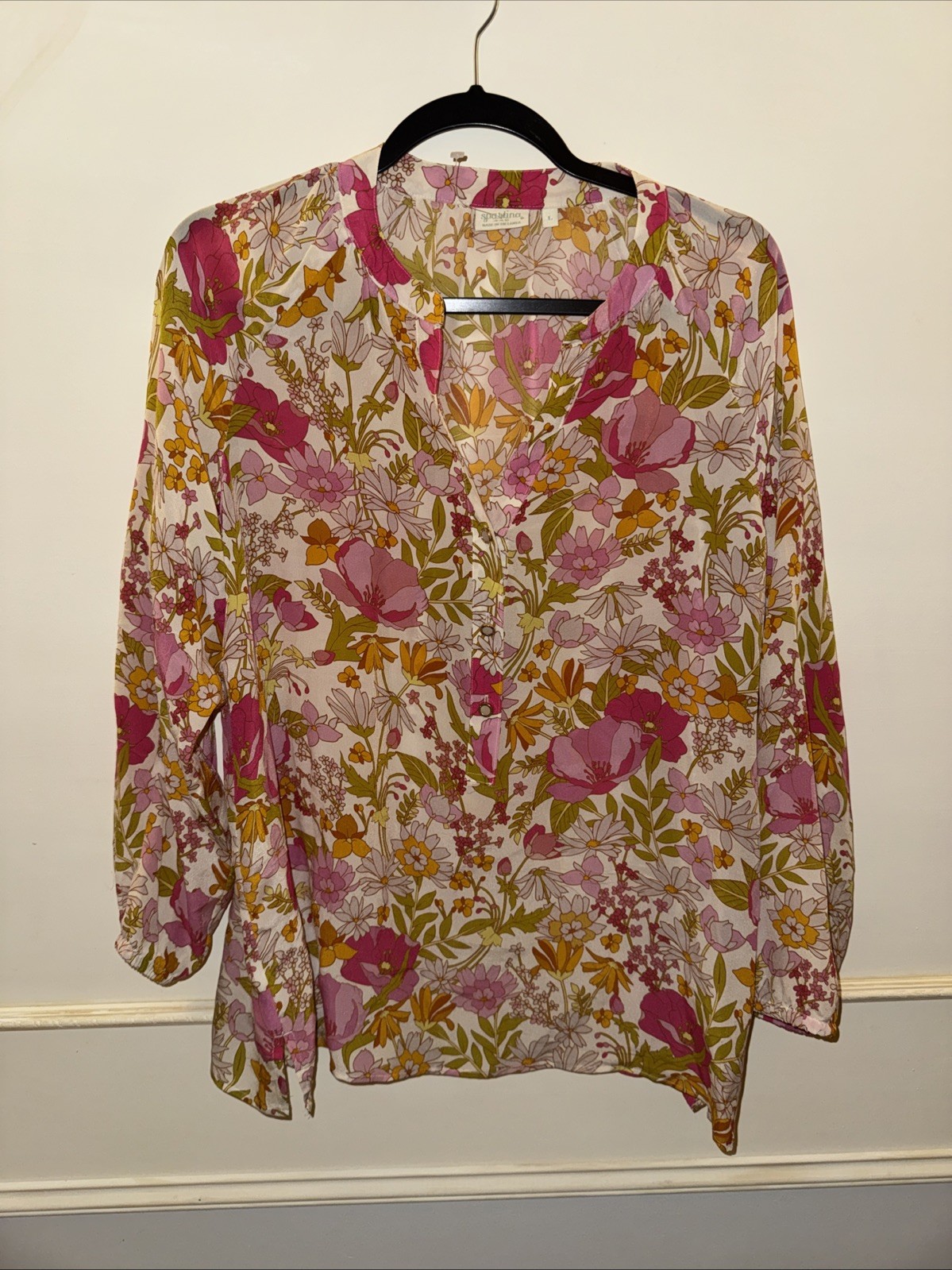 Spartina 449 Floral Silk Split Neck Long Sleeve Button Blouse Size L