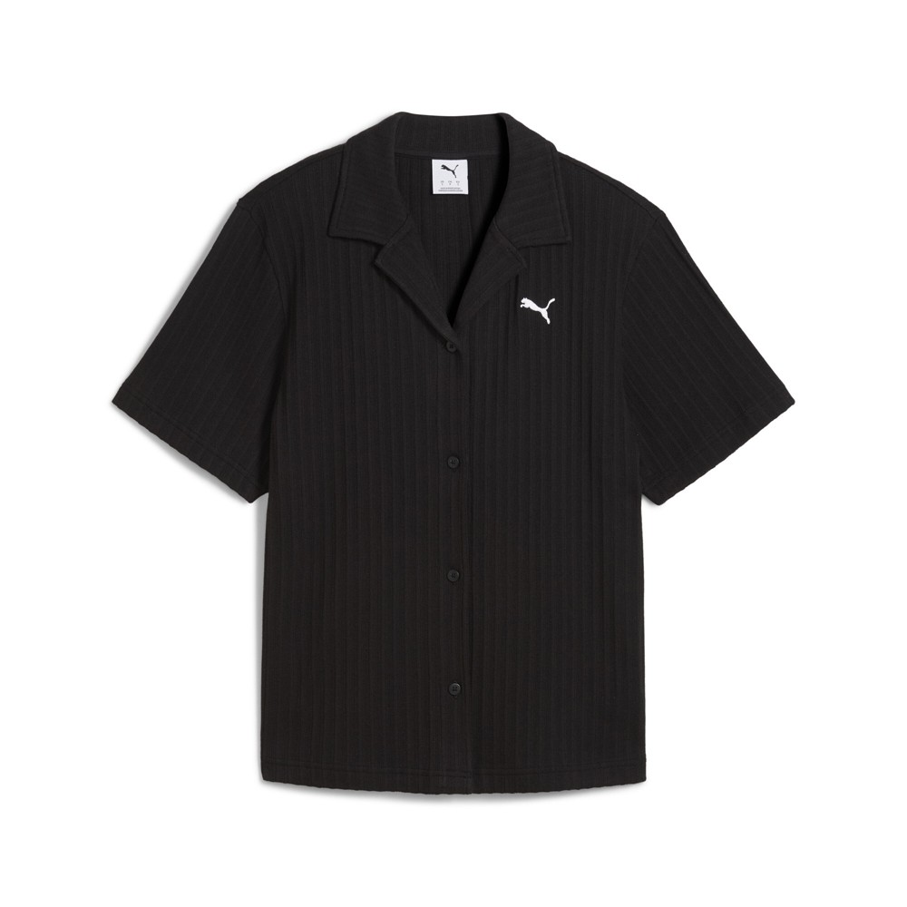 PUMA Wardrobe Essentials Pointelle Short Sleeve Button Up Shirt Womens Black Cas