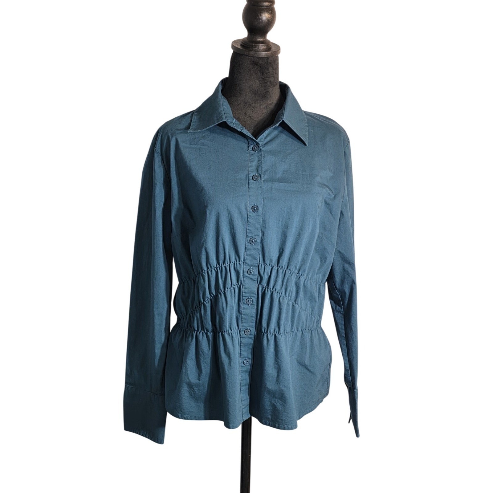 Worthington Stretch Teal Blue Smocked Waist Button Down Blouse Shirt Womens L