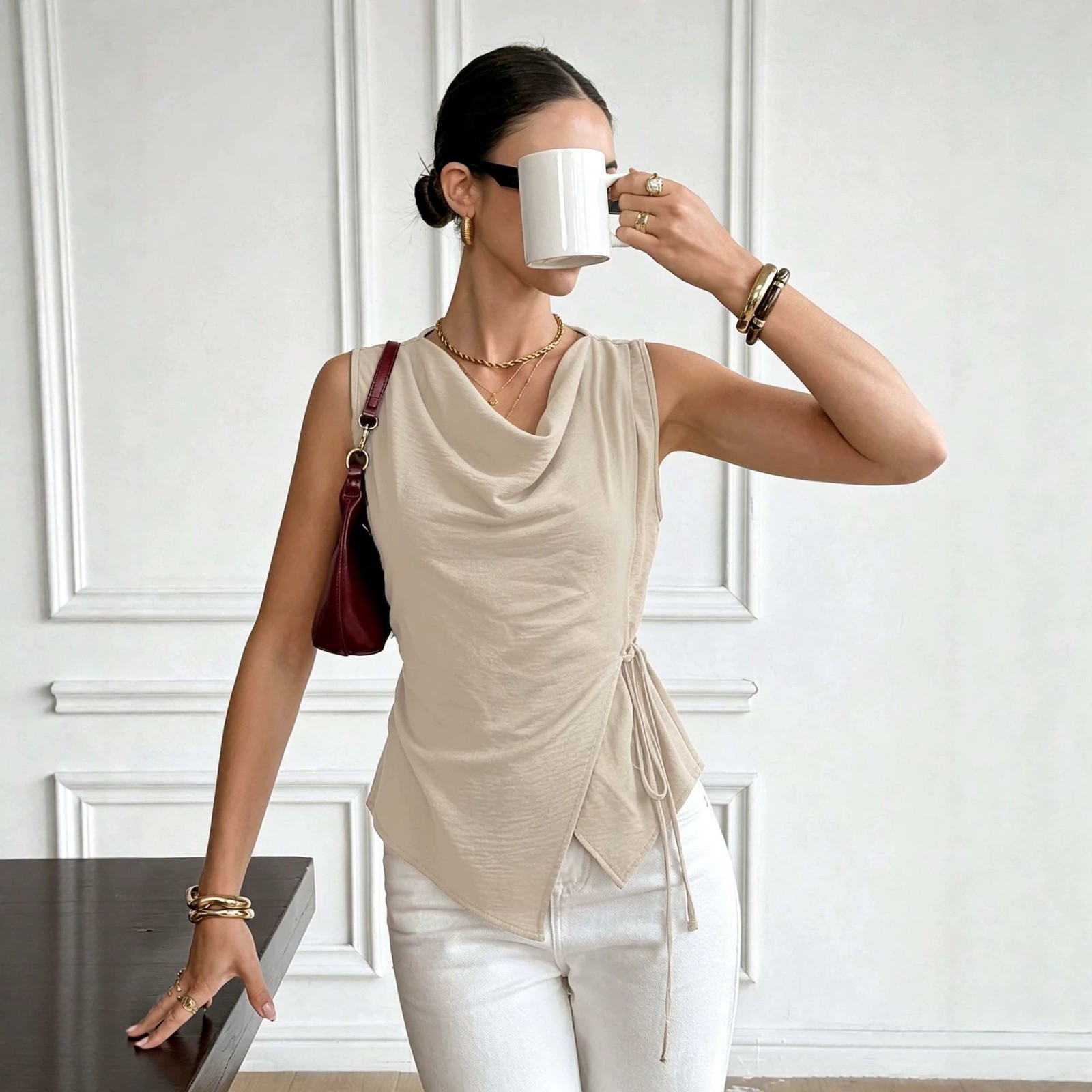 Women Khaki Sleeveless Cowl Neck Ruched Tank Top Casual Shirt S M L XL