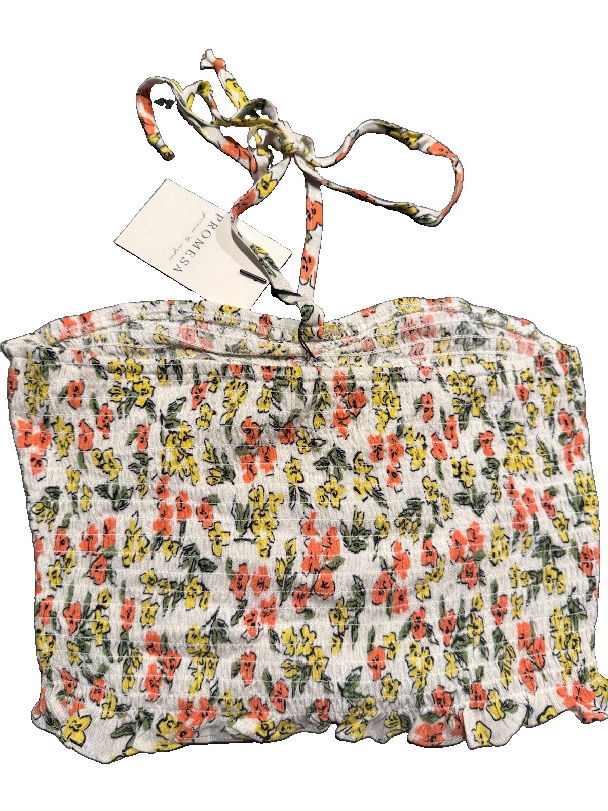 Promesa Women’s Floral Halter Smocked Ruffle Cropped Crop Top M Rayon