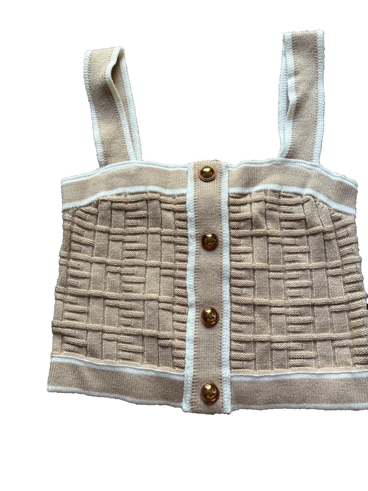 Women’s XS Textured Knit Cropped Tank Top Beige Cream Gold Button Front