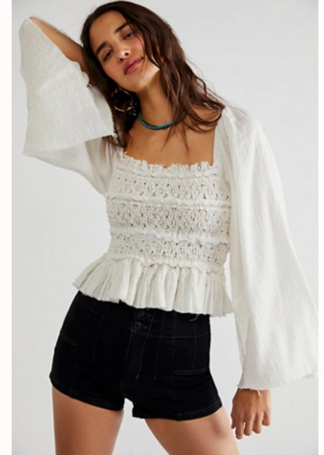 Free People One Rory Bodice Wide Sleeve Top White/Cream Medium NWOT