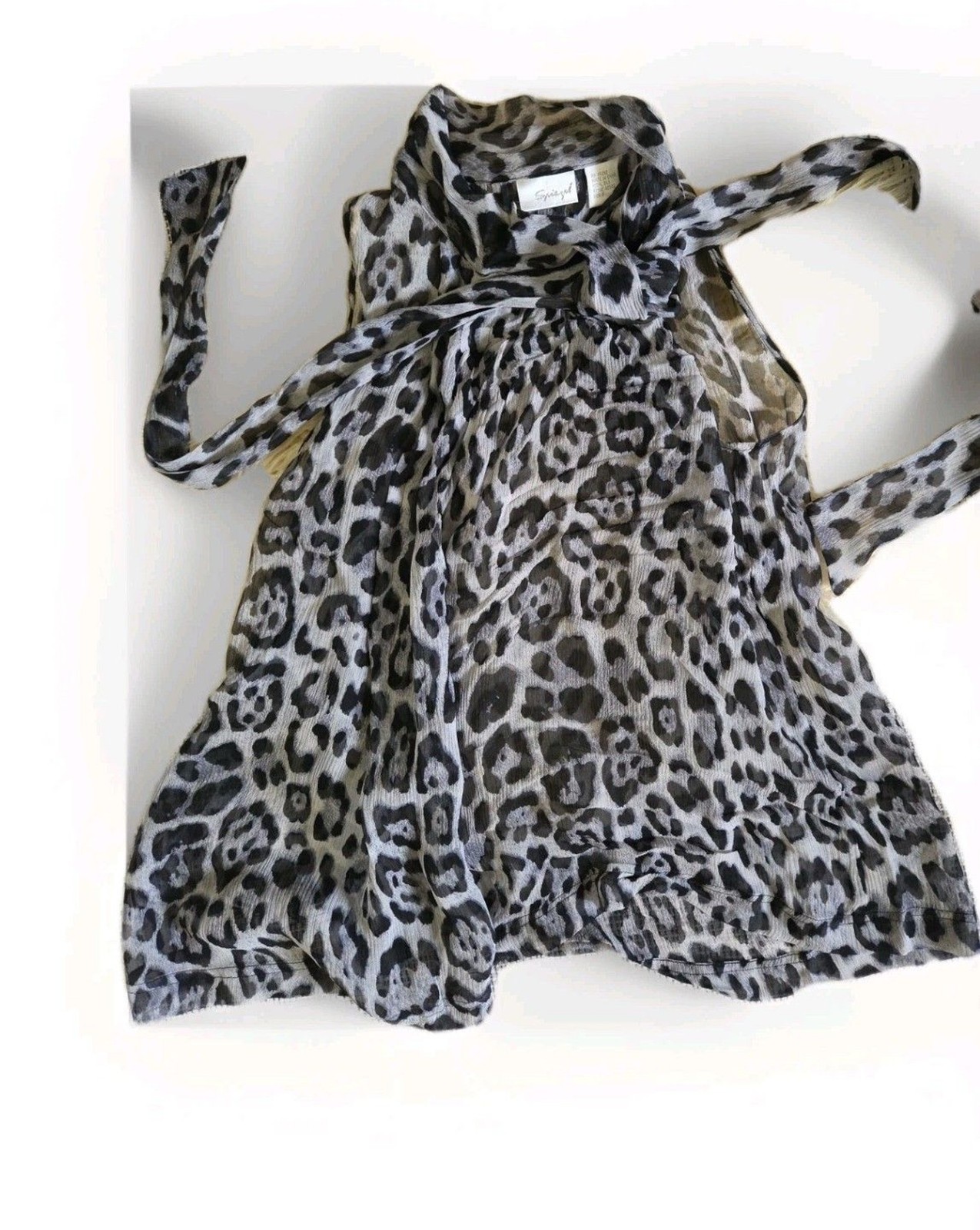 NWOT Spiegel Sleeveless Sheer Leopard 8 Black &b Gray Leopard Print Tie Blouse