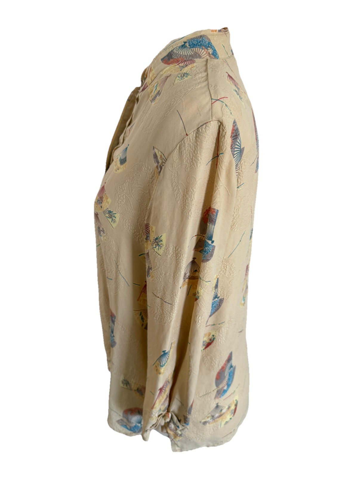CITRON Santa Monica Silk Art to Wear Asian Fan Print Mandarin Collar Top Size S