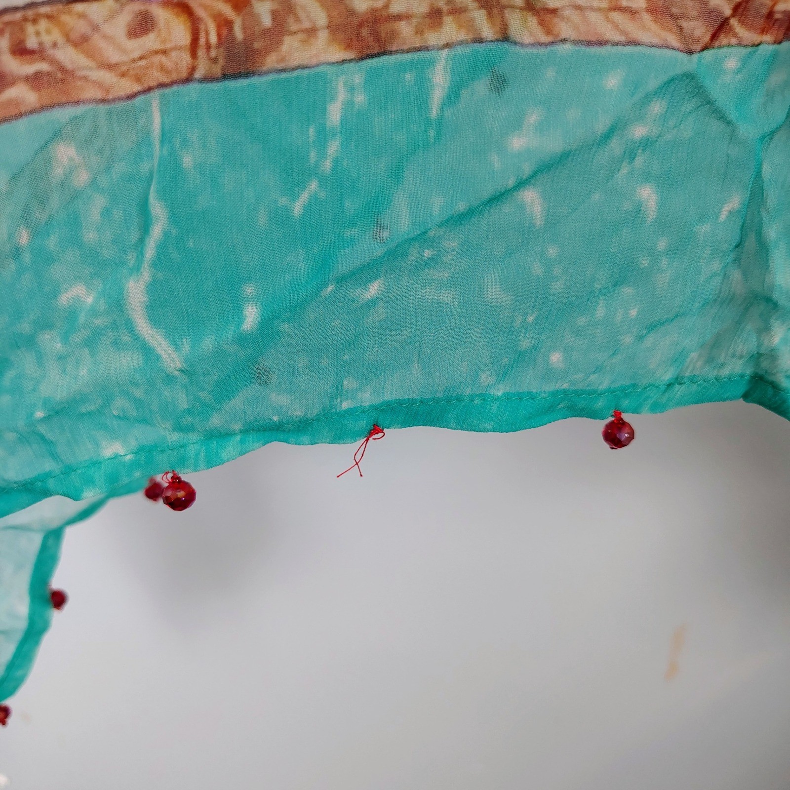 Soft Surroundings Cupro Kimono Wrap Botanical Bird Print Teal Bead Trim S/M