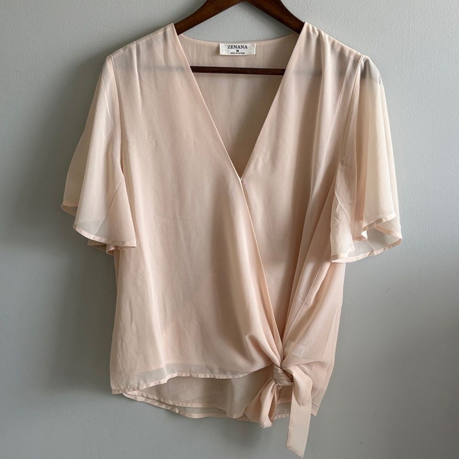 Blush Wrap Tie Front Blouse Flutter Sleeve Boho Top M