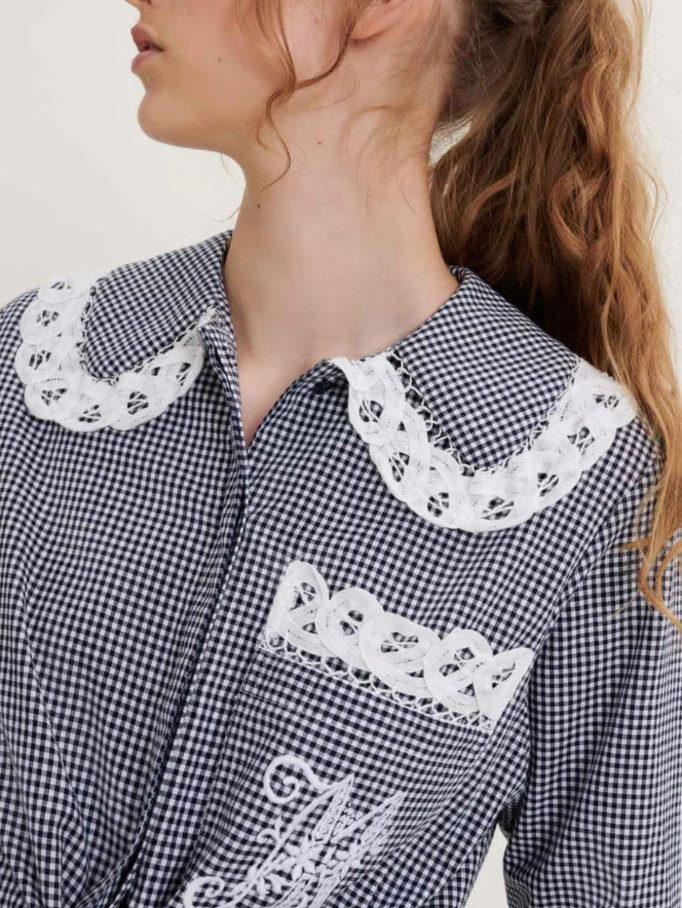 Maje Women’s Navy Check Embroidered Shirt Size 40 FR 12 UK 8 US MFPCM00267