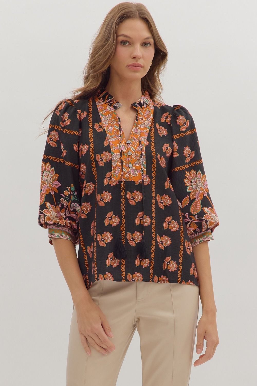 Entro Women’s Floral Print Tassel Tie Neck 3/4 Sleeve Blouse in Black