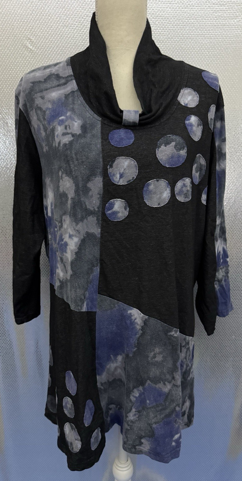 Parsley & Sage Top Womens Plus Sz 2X Boho Blue Circle Art Print Cowl Neck Tunic