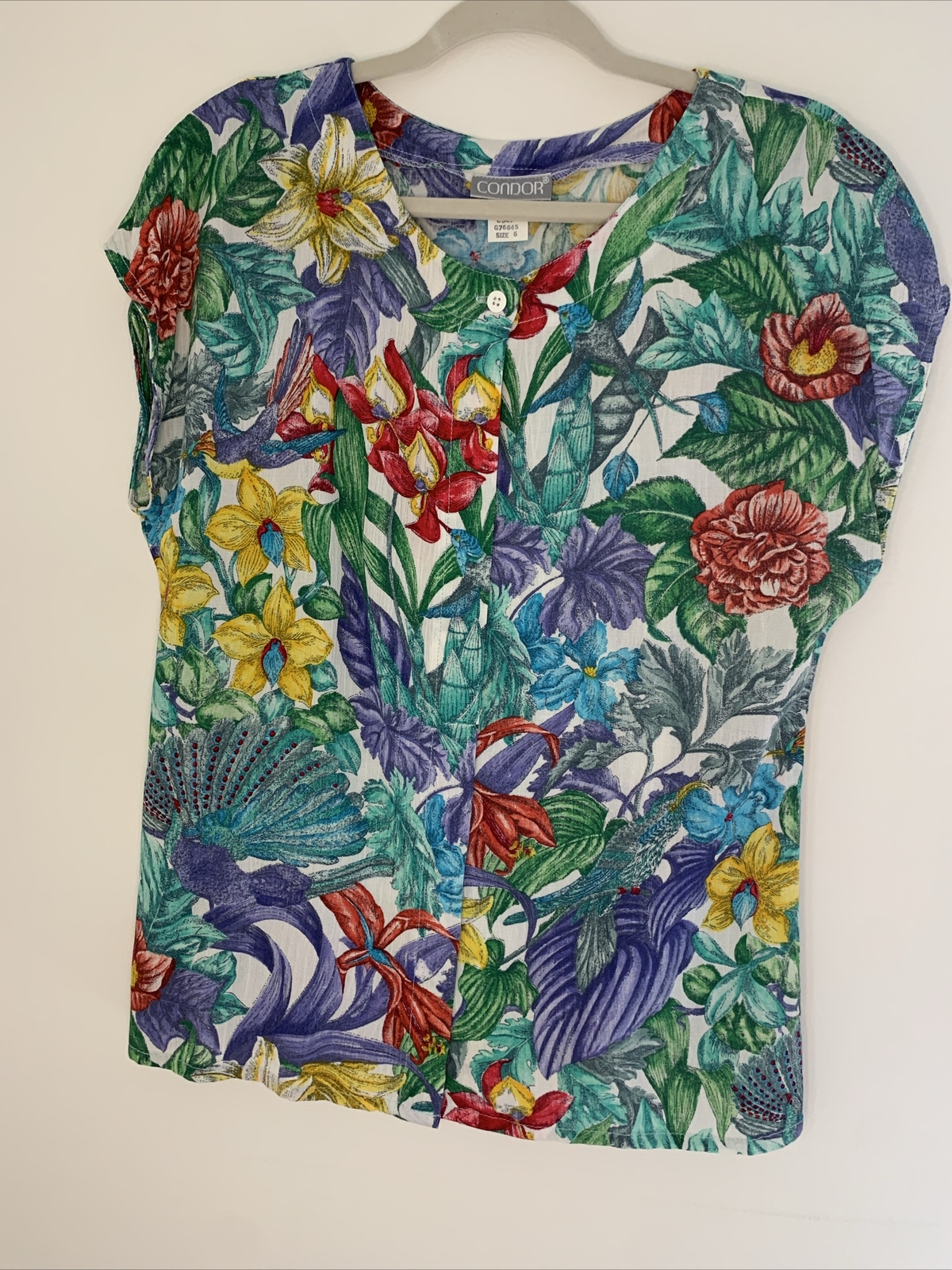 Vintage 70s 80s Condor White Floral Peacock Button Up Matching Set Pant S size 6