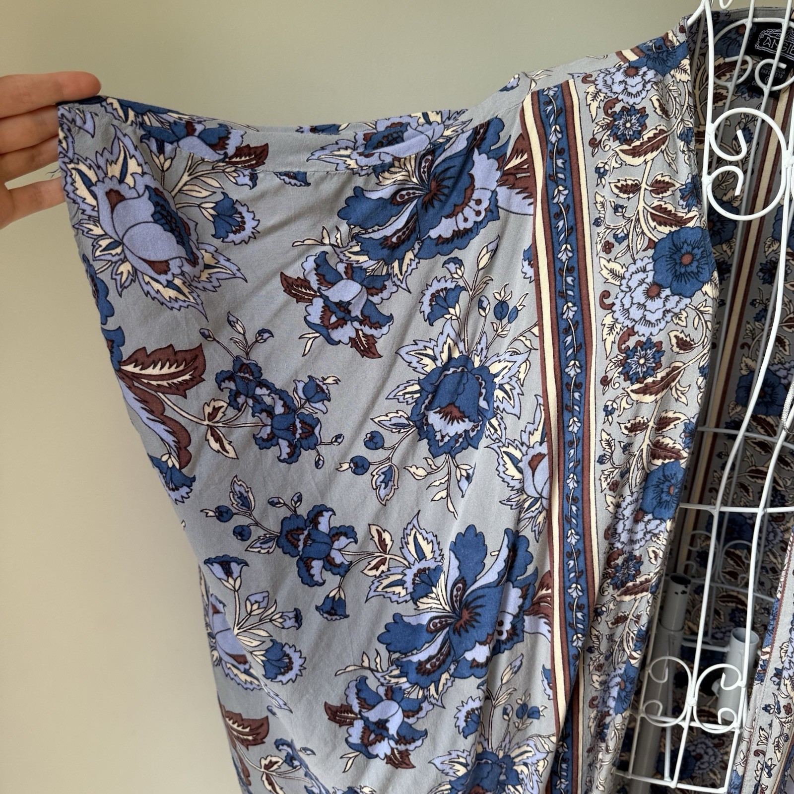 Angie Boho Floral open front Kimono Cardigan M Blue Cream Paisley Duster Wrap
