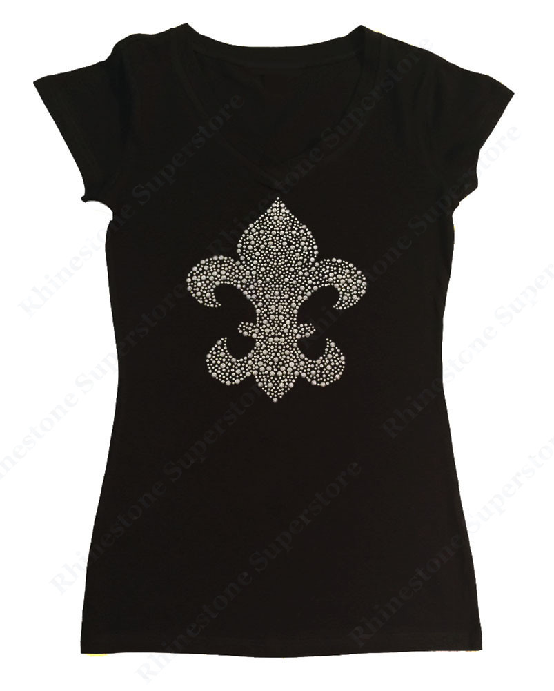 Women’s Rhinestud T-Shirt ” Silver Fleur de Lis ” in S, M, L, XL, 2X, 3X Fluer