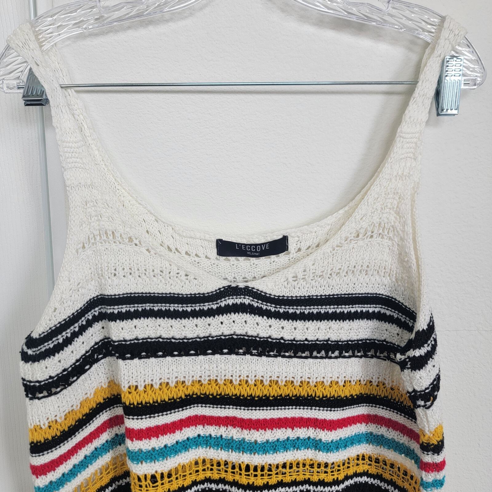 L’Eccove Helsinki Knit Crochet Tank Top Striped Fringe Coastal Beach Cover Up SM