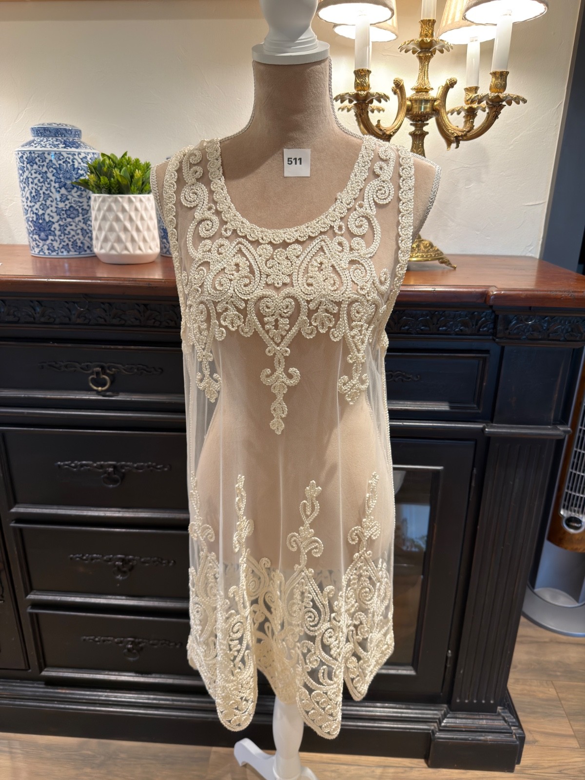 Pretty Angel Large Cream Sheer White Lace Tunic Top Dress Coverup #511