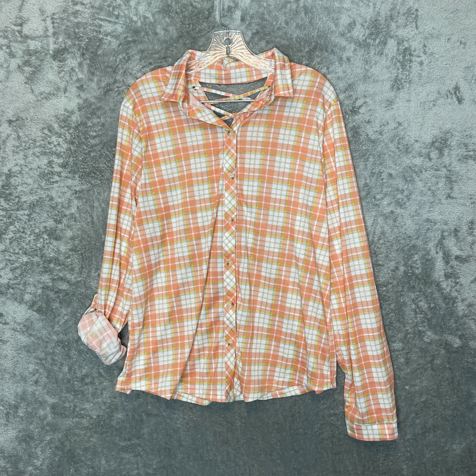 Women Colorful Plaid Lace Up Back Roll Tab Long Sleeve Button Up Shirt XL NWT