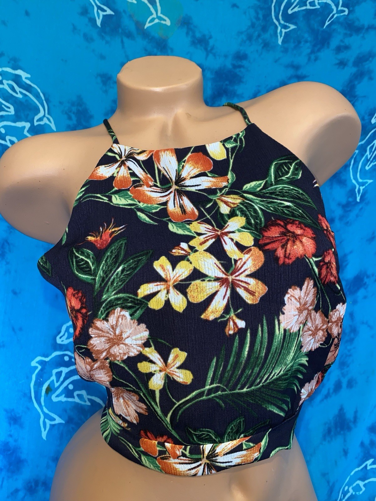 Lush Retro 50s Sexy Navy Blue Peach Tropical Floral Tie Back Halter Top Shirt M