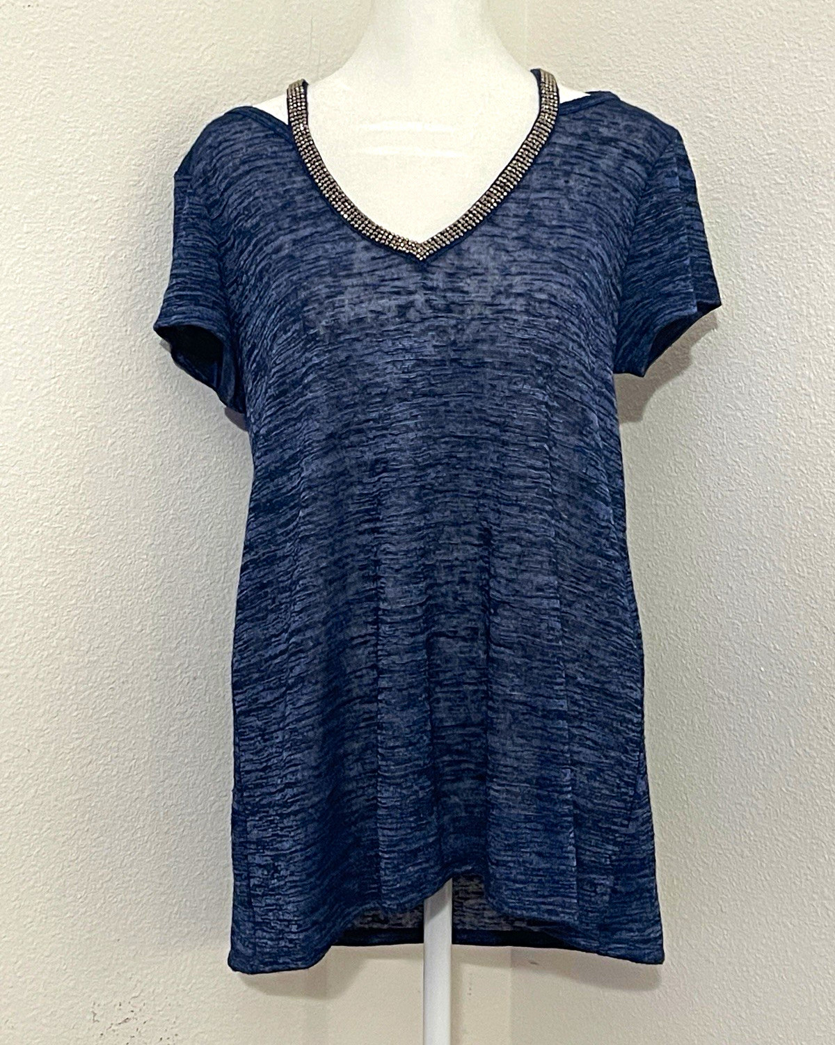 Juicy Couture Blue Beaded V-Neck T-Shirt Medium Embellished Heathered Knit Top