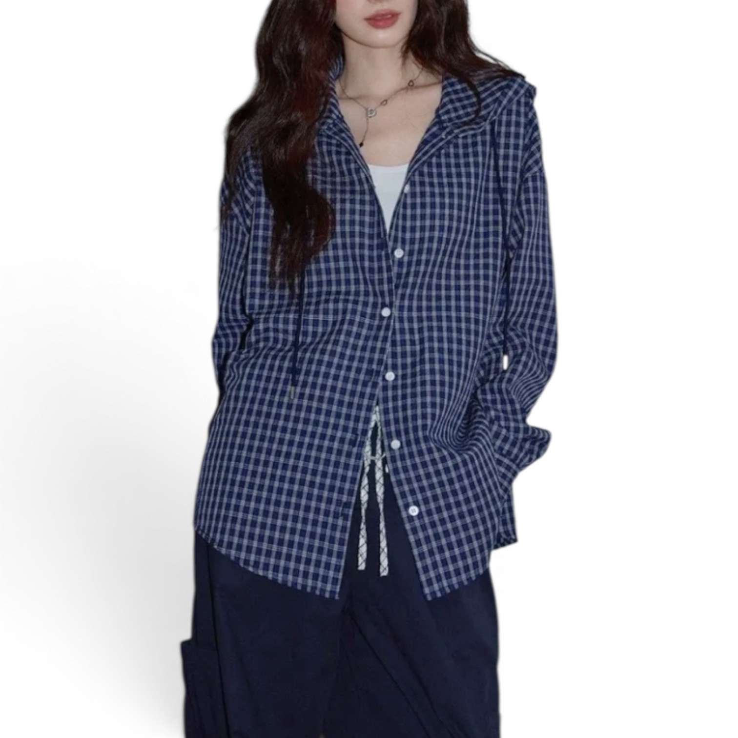 Korean Blue Plaid Hooded Oversized Shirt Jacket Cotton One Size NWT