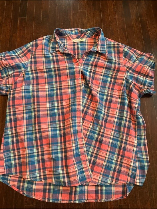 Riders by Lee Women’s Pink Blue Plaid Short Sleeve Button Down Shirt