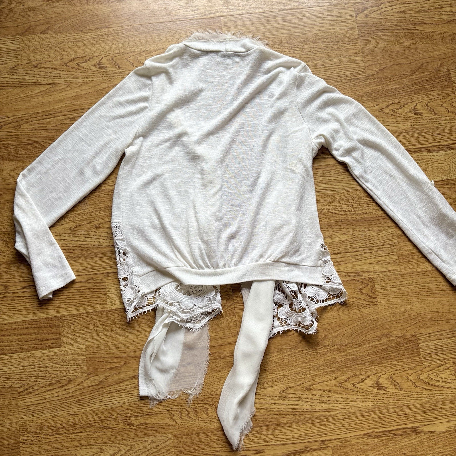 Democracy Cream Open-Front Waterfall Cardiganw Lace Trim Roll Sleeve Boho Sz M