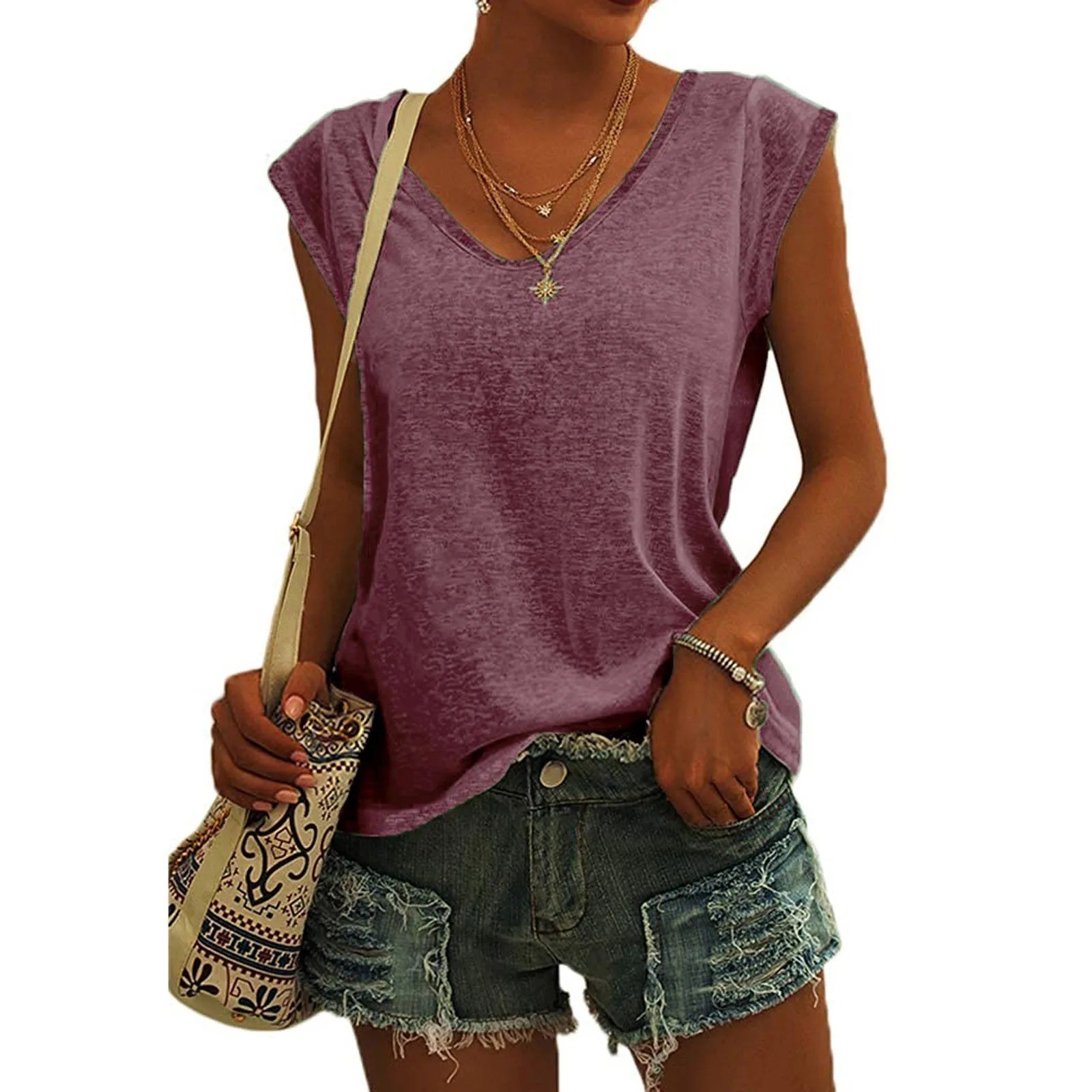 Women’s V-neck T-shirt Casual Cap Sleeve Vest Solid Loose Blouse Fit Tank Tops W