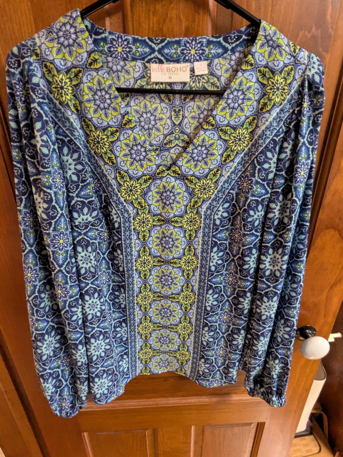 Belle Boho Kim Gravel Caftan blue lime green paisley Print Poncho Top small