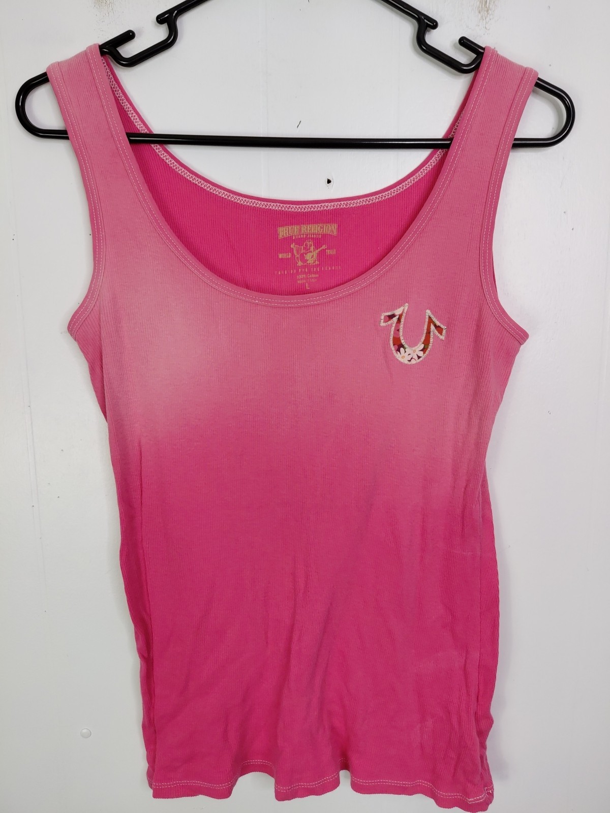 True Religion Tank Top Womens L Ombré Pink Horseshoe Y2K Ribbed Fitted Western