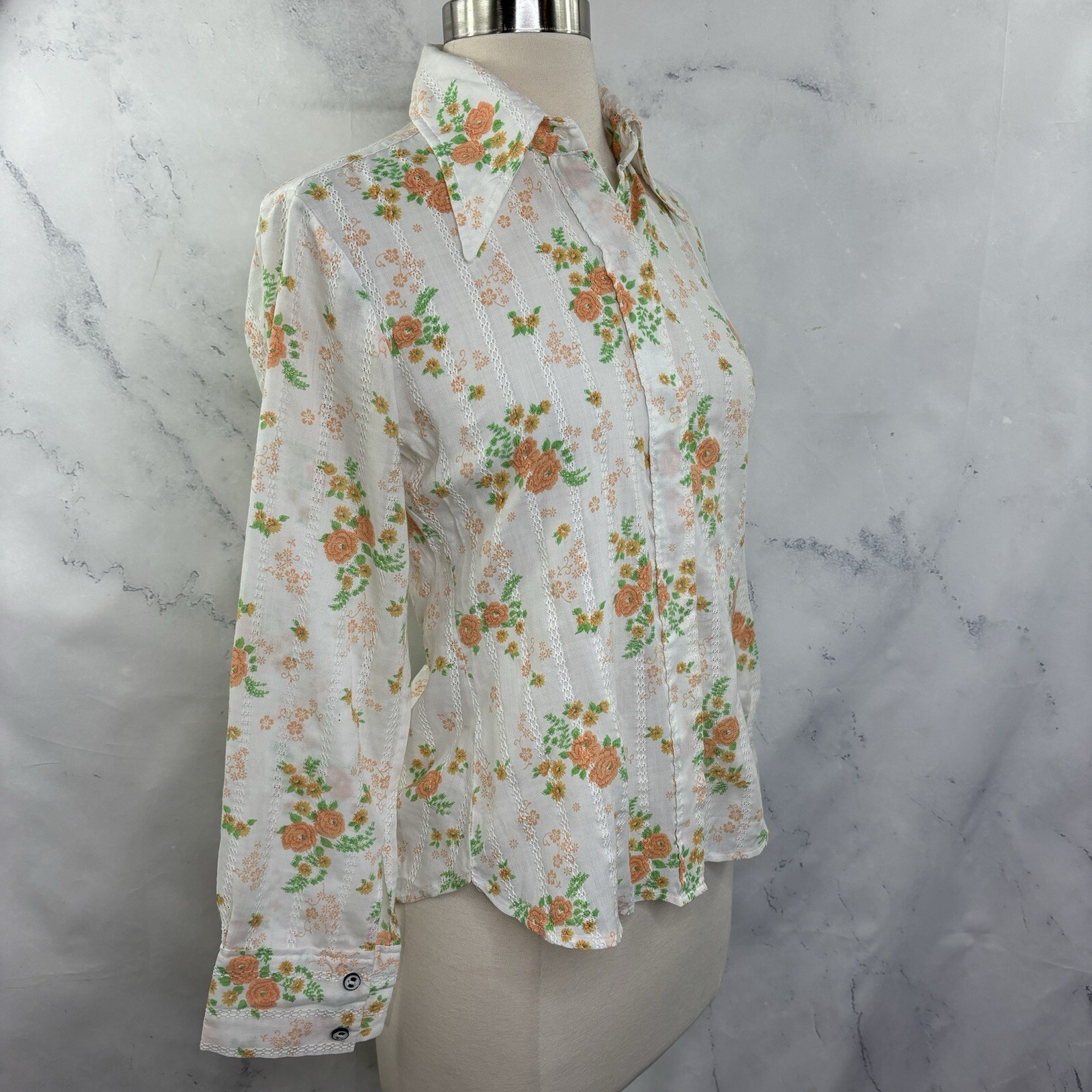 Vintage 70s Blouse MOD button up S retro Flower Power Kitschy Shirt Hong Kong