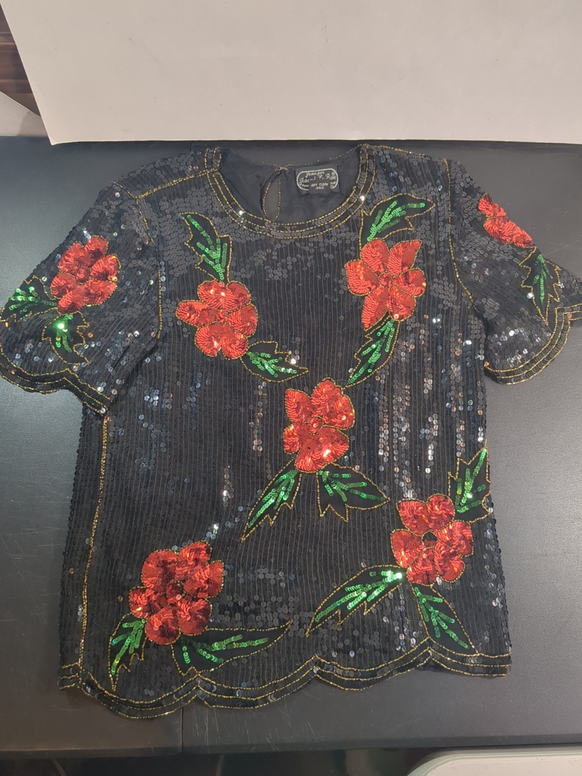 Jean For Joseph Le Bon Vintage Black Sequenced Floral Silk Blouse Top Size M/L