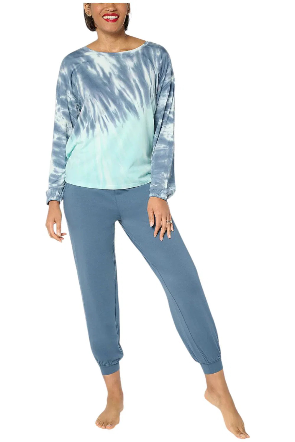 AnyBody Women’s Cozy Knit Tie-Dye Top and Jogger Set Med Indigo/Blue