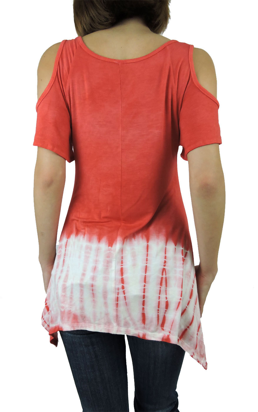 Sugar Rock Women Shark Bite Shirt Crystal Tribal Fleur Shoulder Cut-out Tie Dye