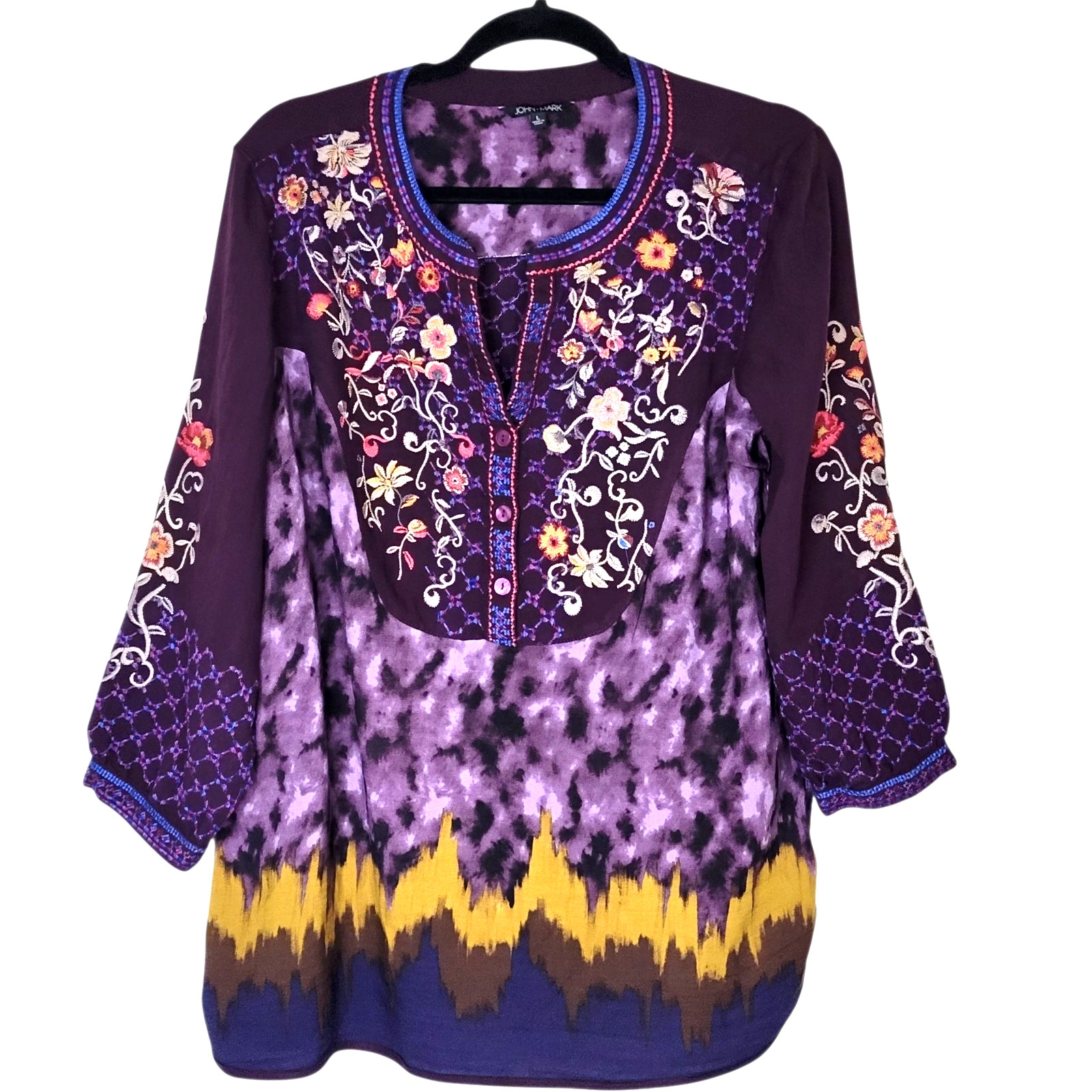 John Mark Women Tunic Top Size L Embroidered Tie Dye Multicolor