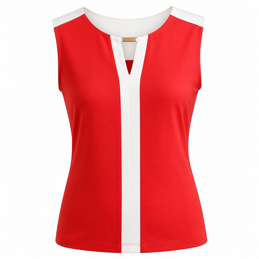 Jones New York Signature Red Sleeveless Blouse with White Contrast Trim and Gold