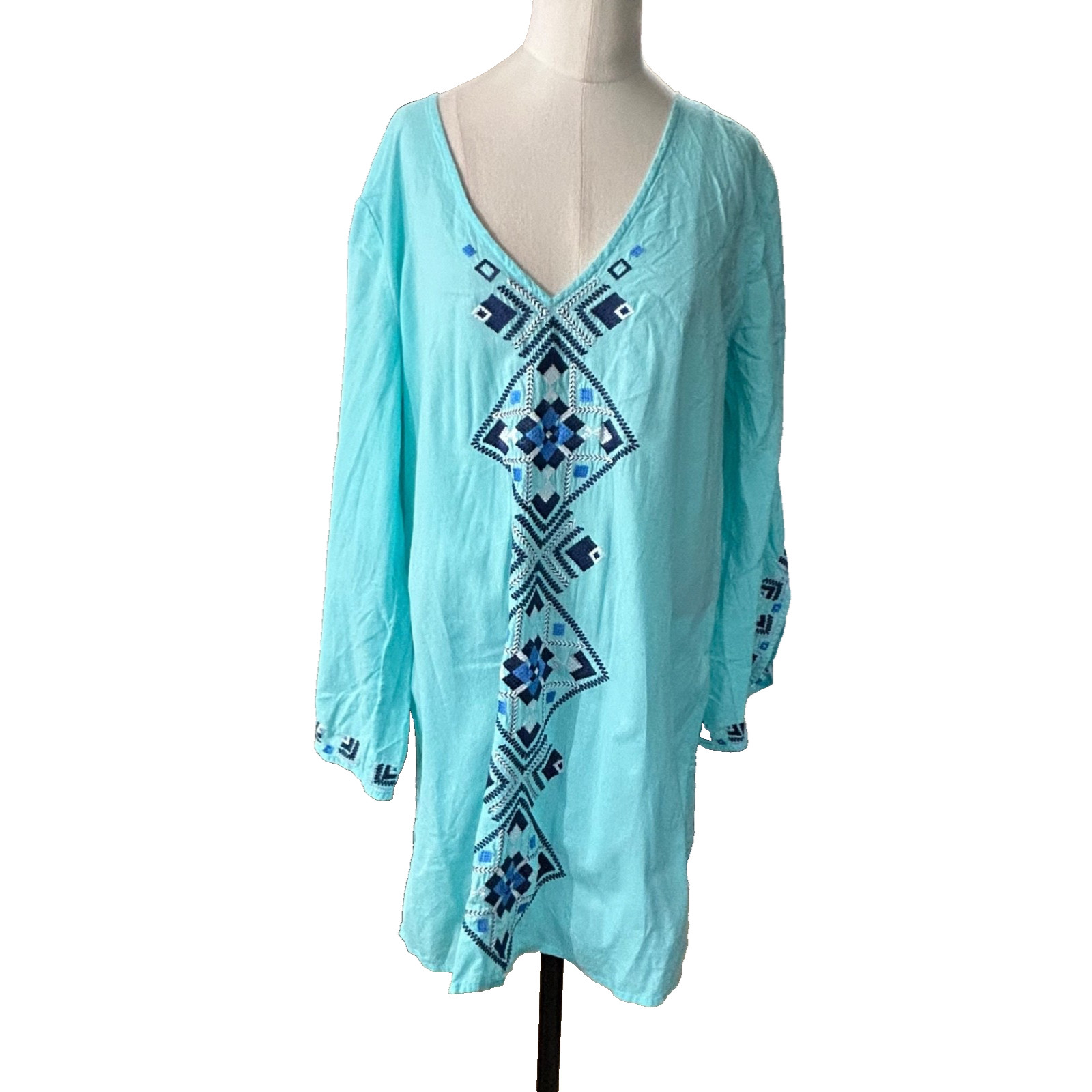 Mud Pie Beach To Bar Tunic L Turquoise Aztec Embroidered Cover Up Boho