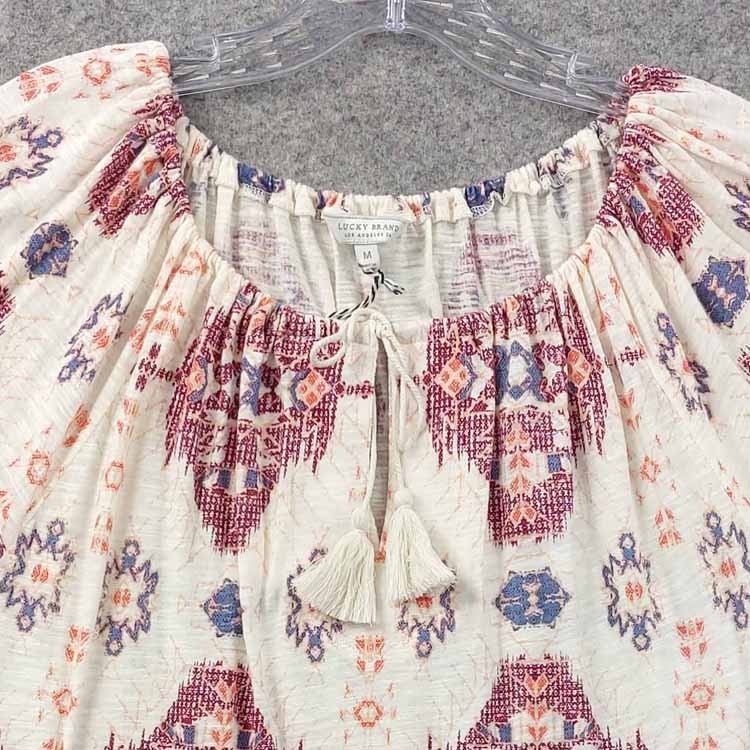 Lucky Brand Boho Peasant Top Womens Medium Tribal Print Tassel Tie Short Sleeve