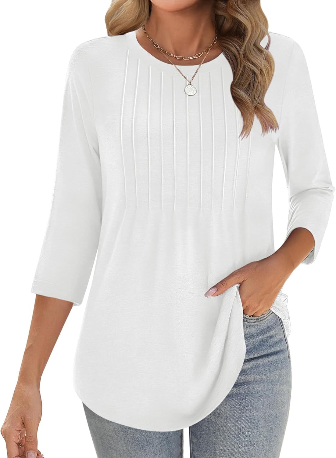 Womens 3/4 Sleeve Tunic Top Loose Fit Pleated Crew Neck Summer Casual Blouse