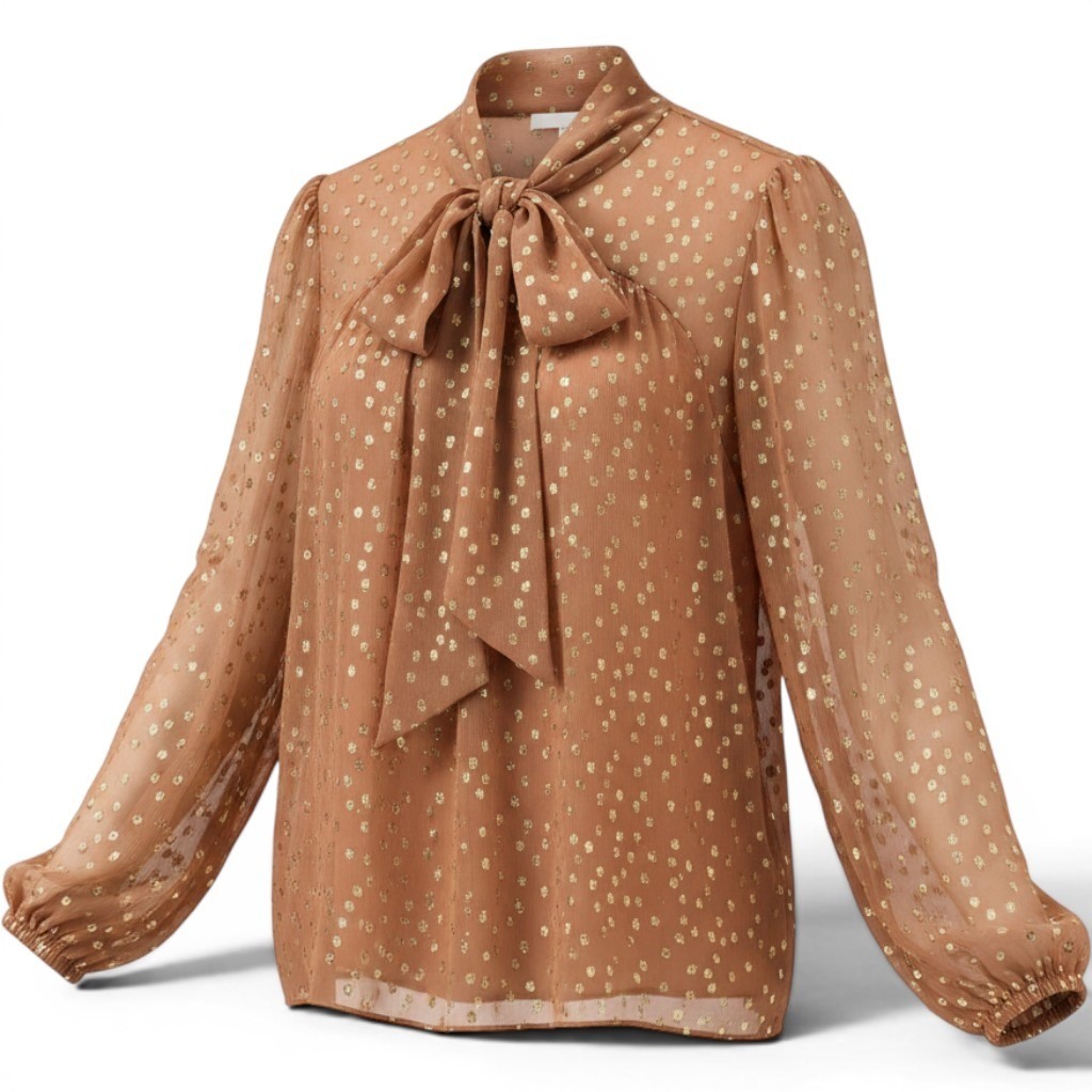 Zimmermann Silk Blouse Womens 3 Tie Neck Peach Gold Metallic Polka Dot EUC