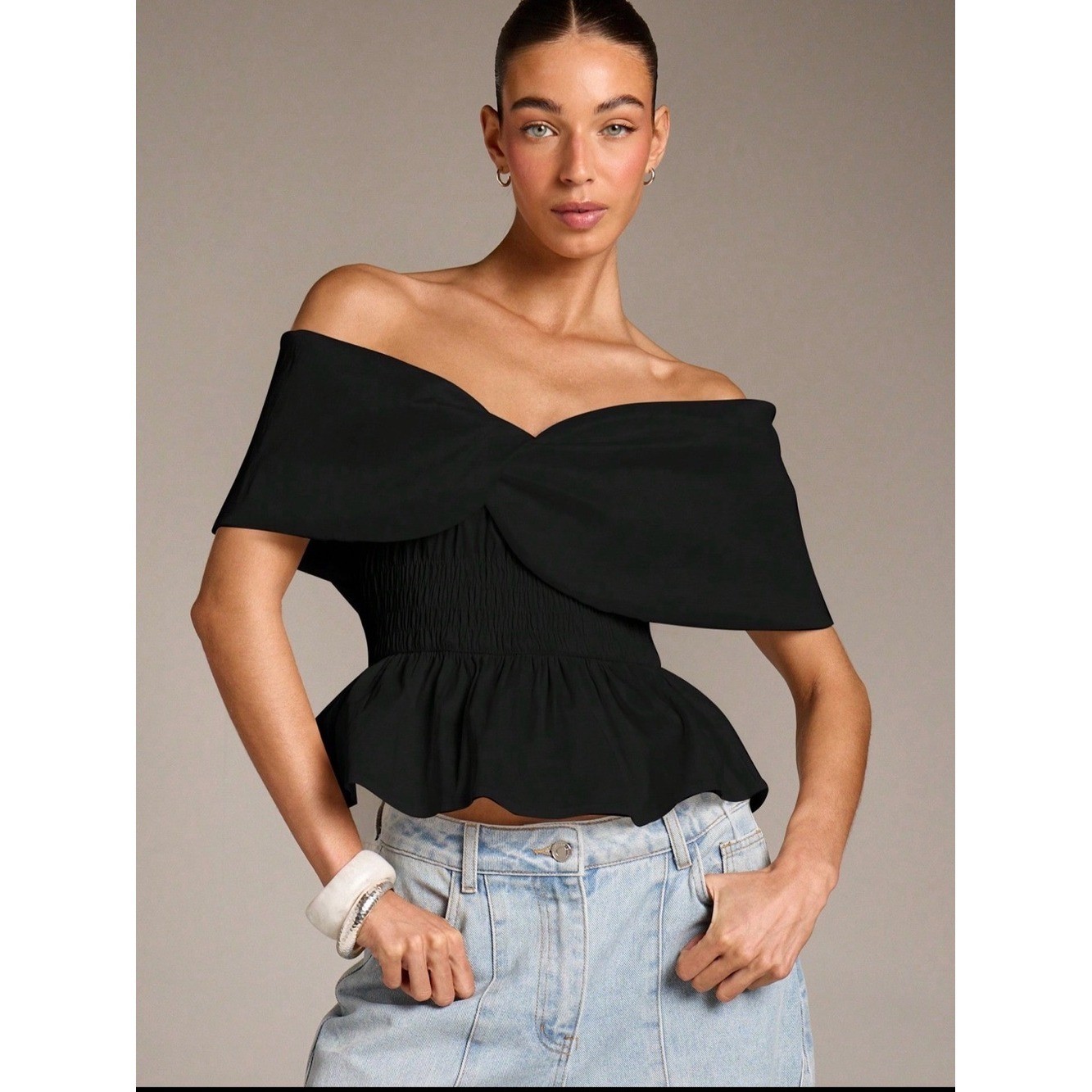 Off-Shoulder Black Peplum Crop Top with Twist Detail Ruffles
